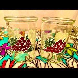 Bama Jelly Jars Glasses Grapes Apples Strawberries Two Collectible Drink Glasses